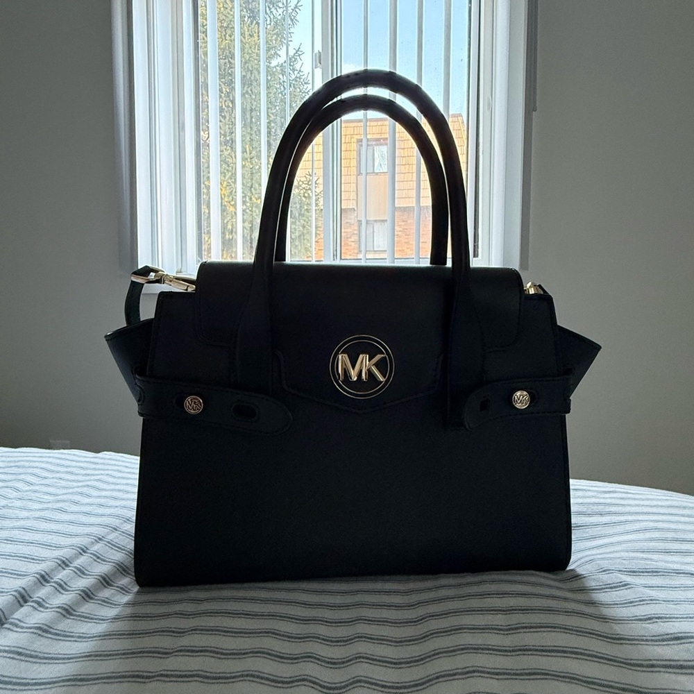 Michael Kors Black Leather Top-Handle Satchel with Gold Logo